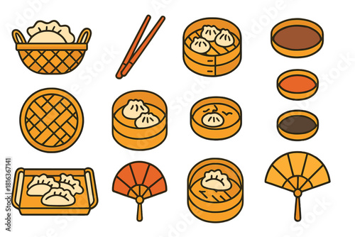 Traditional Chinese dim sum food collection featuring steamed dumplings, bamboo baskets, chopsticks, and dipping sauces