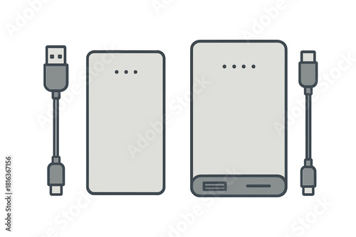 Portable power banks in two sizes with short USB charging cables for mobile devices
