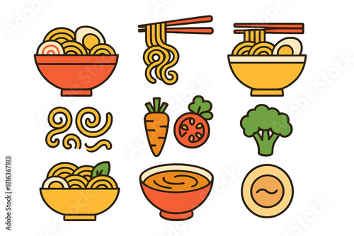 Asian noodle soup bowls with chopsticks and fresh vegetable ingredients