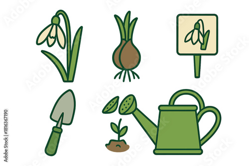 Set of spring gardening elements including snowdrop flower bulb trowel and watering can