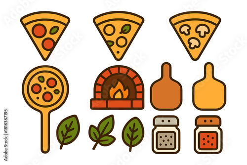 Collection of essential icons for traditional Italian pizza preparation and cooking