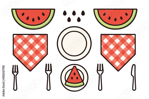 Symmetrical flat lay of picnic essentials: watermelon slices, seeds, checkered napkins, plates, and cutlery