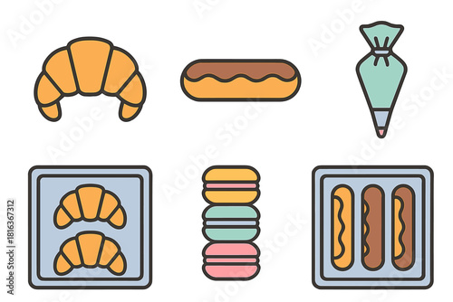 Assortment of sweet French pastries, baked goods, and confectionery tools