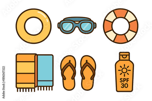 Set of essential summer vacation accessories including inflatable ring, flip flops, goggles, and sunscreen