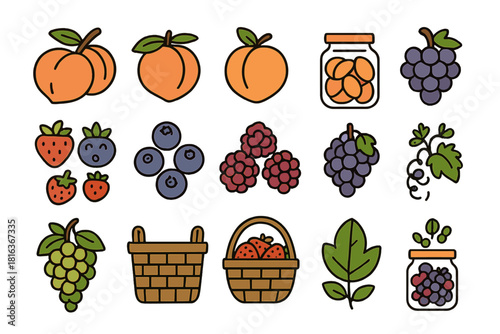 Colorful summer fruits, berries, and harvest elements including peaches, grapes, and baskets