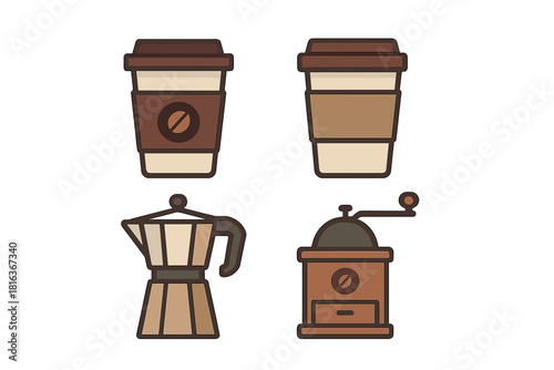 Collection of coffee making tools and disposable beverage containers in brown tones