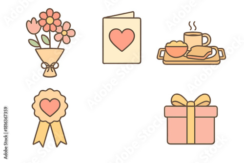 Pastel romantic symbols including flower bouquet, heart card, breakfast tray, award ribbon, and wrapped gift