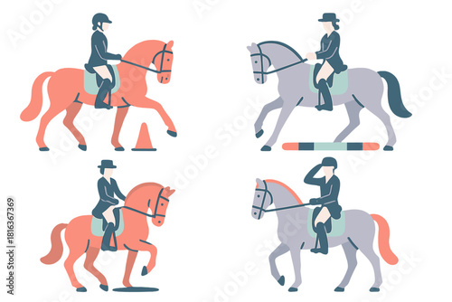 Set of four equestrians riding horses in poses for dressage and jumping practice