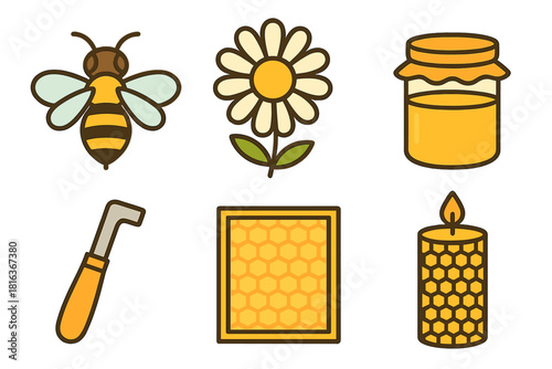 Essential symbols for beekeeping and honey production including bee flower jar and honeycomb candle