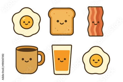 Cute cartoon breakfast food set featuring smiling fried eggs, toast, bacon, coffee, and orange juice