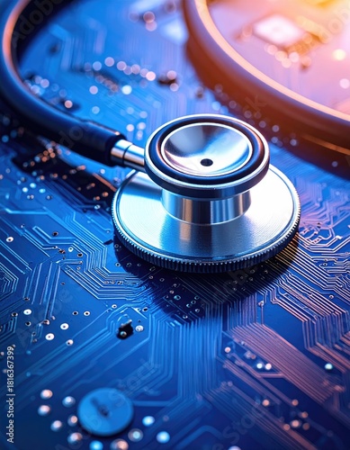 Stethoscope on Circuit Board Symbolizing Digital Healthcare Technology and Medical Innovation.