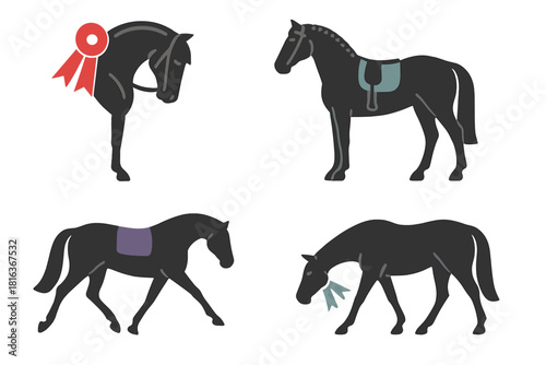 Set of four black horses in various poses with equestrian competition ribbons and tack