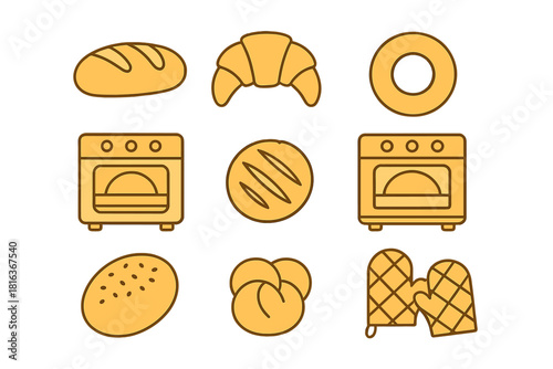 Bakery and baking equipment including various bread types oven and protective mitts