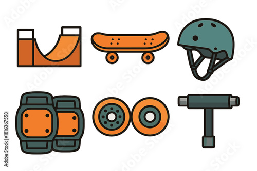 Skateboarding gear and protective equipment set including board helmet pads ramp and tools