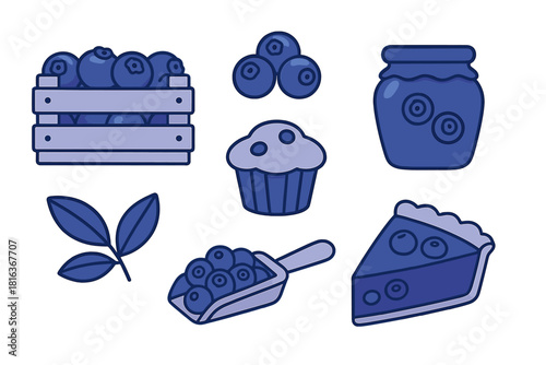 Collection of blueberry products and fresh fruit including crate, jam, muffin, and pie