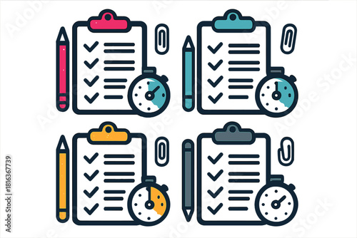 Colorful icons representing time management, task completion, planning, and productivity