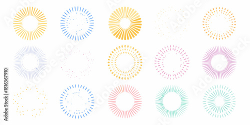 Collection of colorful hand drawn sunbursts and radial elements on white