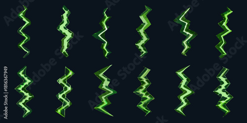 Cartoon green lightning bolt collection for game design and visual effects
