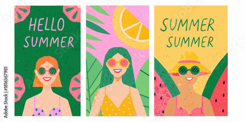 Bright and cheerful summer illustrations with women fruit and tropical leaves