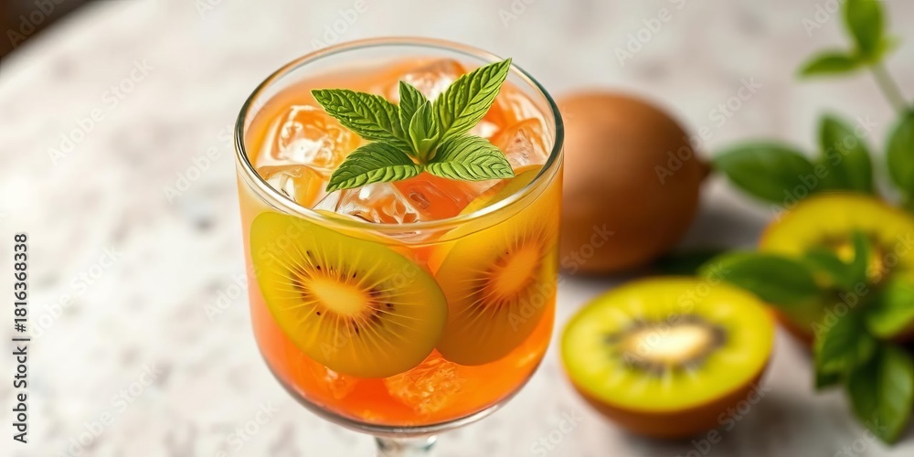 Fototapeta premium Refreshing kiwi cocktail in a glass with ice and mint garnish, sweet, juicy