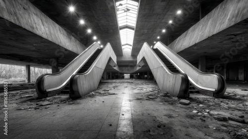 Two escalators going nowhere in abandoned building