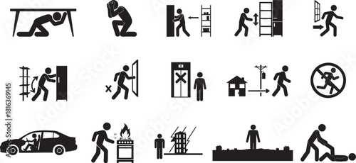 Earthquake Safety Actions Stick Figure Icons – Emergency Preparedness & Disaster Response Vector Set