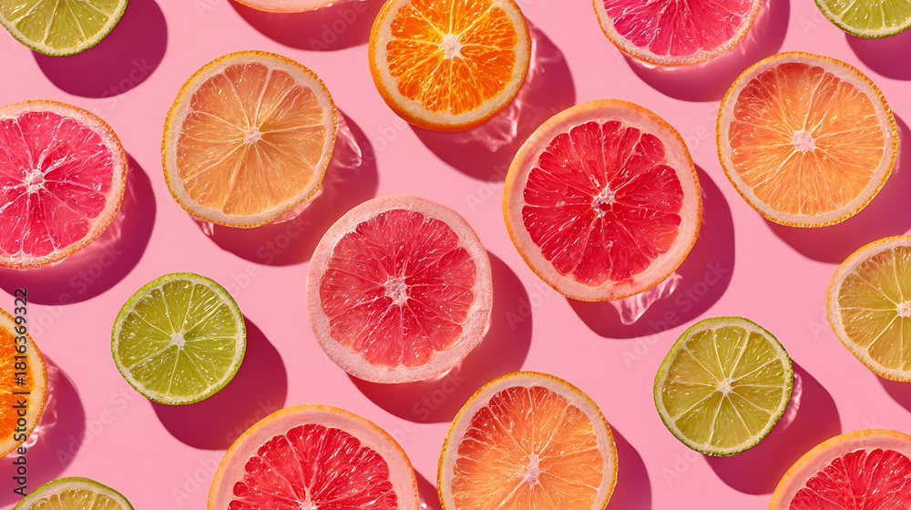 Obraz premium Vibrant citrus slices arranged on a pink background fruit grapefruit