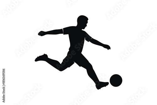 Dynamic silhouette illustration of a male soccer player in mid-action, powerfully kicking a football with athletic precision. Isolated vector graphic for sports designs