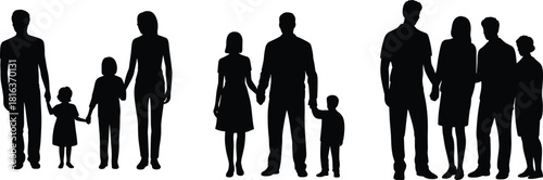 Collection of family silhouettes including parents and children standing together, holding hands, multi-generation group illustration for community, unity, relationship and family concepts