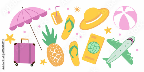 Colorful summer vacation elements illustration on white background