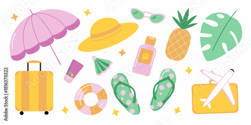 Summer vacation essentials colorful beach holiday illustration with accessories
