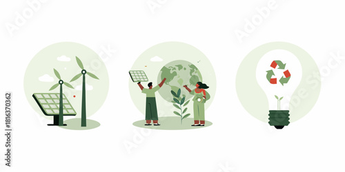 Sustainable energy and environmental conservation concepts with wind turbines solar panels and recycling