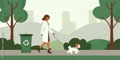 Doctor walking dog in park with recycling bin illustration