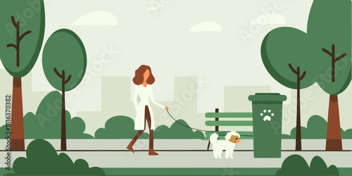 Woman walking dog in park illustration with trees and cityscape