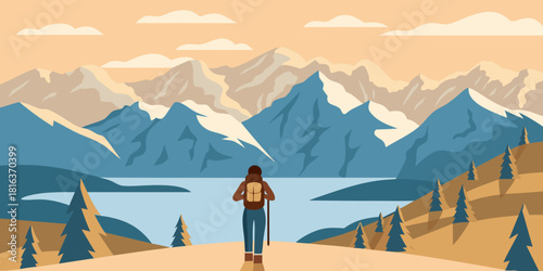Woman hiking in the mountains with lake view illustration
