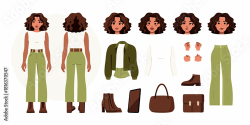 Fashionable woman character creator with clothing and accessories for animation and design