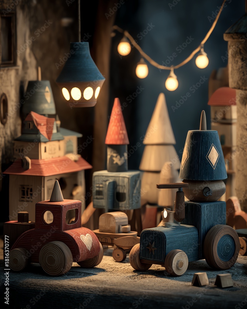 Naklejka premium Explore the warmth and nostalgia of wooden toys captured in a film-like atmosphere, evoking feelings of childhood joy and creativity.