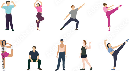 Colorful fitness and dance pose character illustration set showing diverse people performing stretching, workout, exercise, yoga, active movement and dynamic actions