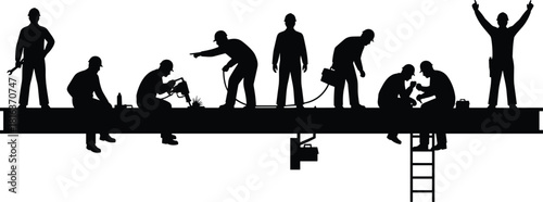 Construction worker silhouettes on steel beam, industrial labor team, working with tools, teamwork action, building site illustration, engineering workforce scene