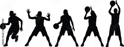 Collection of black basketball player silhouettes, isolated vector illustrations, dynamic action poses, dribbling, shooting, defense, for sport graphic design