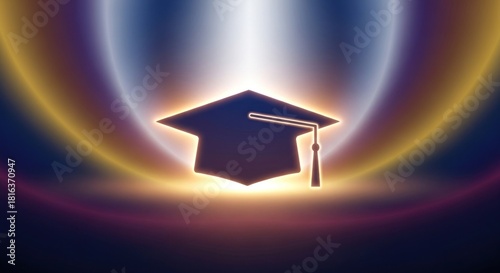 A glowing graduation cap against a colorful, radiant background.