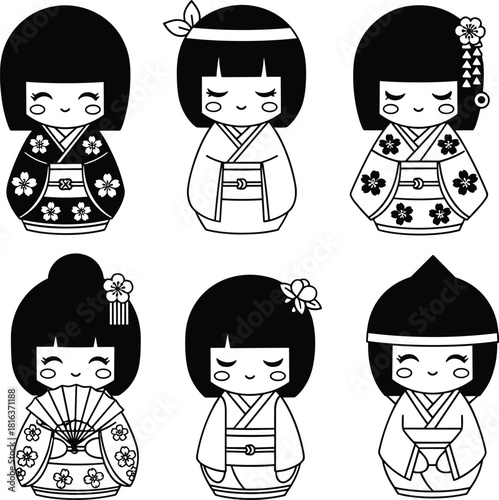Cute Japanese Kokeshi doll set, traditional kimono characters, black and white cartoon illustration for culture, decoration, crafts, design, and artwork