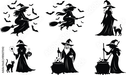 Collection of black witch and wizard vector silhouettes, dynamic figures flying on brooms, stirring cauldrons, perfect for spooky Halloween design