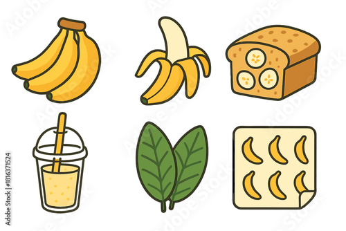 Collection of healthy ingredients like bananas, spinach, sliced bread, and smoothie