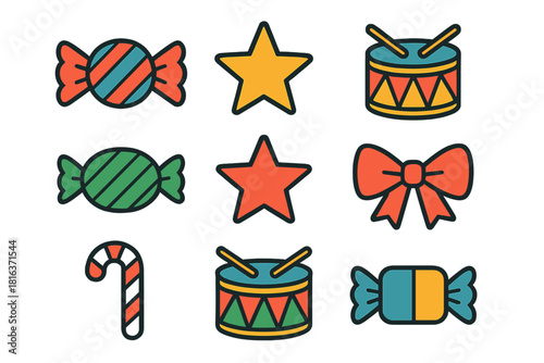 Colorful Christmas and holiday icons set featuring candy, stars, drum, and bow symbols
