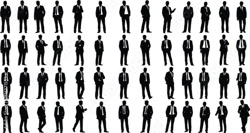 Collection of corporate businessman vector silhouettes, isolated professional figures in suits and ties, ideal for office, management, and leadership graphics