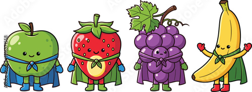 Cute superhero fruit characters standing together, cartoon healthy food heroes with capes, colorful kawaii fruit illustration for kids and education