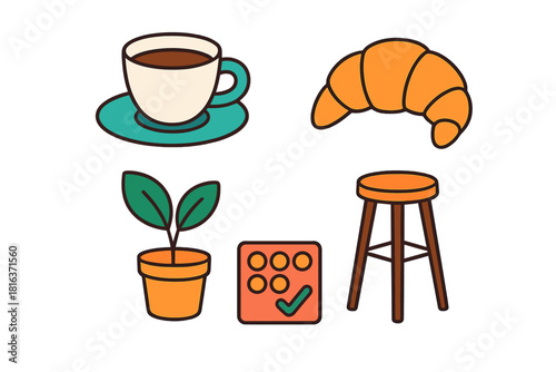 Set of daily life objects including food, furniture, and task management symbols