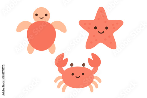 Adorable marine life characters featuring a happy sea turtle, starfish, and crab