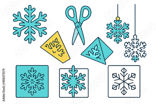 Step-by-step process of cutting paper snowflakes with scissors and finished winter decorations